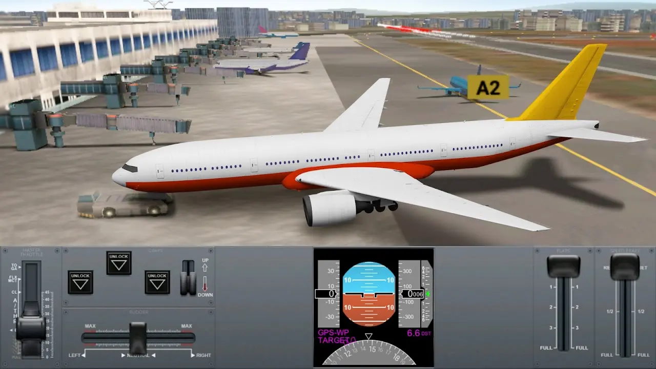 Screenshot reale di Airline Commander: rullaggio dell'aereo di linea alle taxiway A1/A2 con pannello comandi