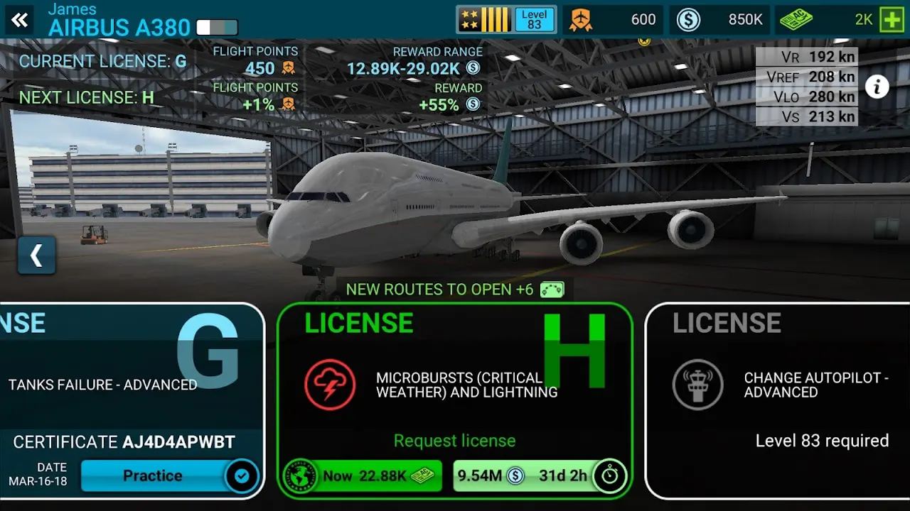 Screenshot reale del sistema di licenze e parametri VR/VREF per Airbus A380 in Airline Commander