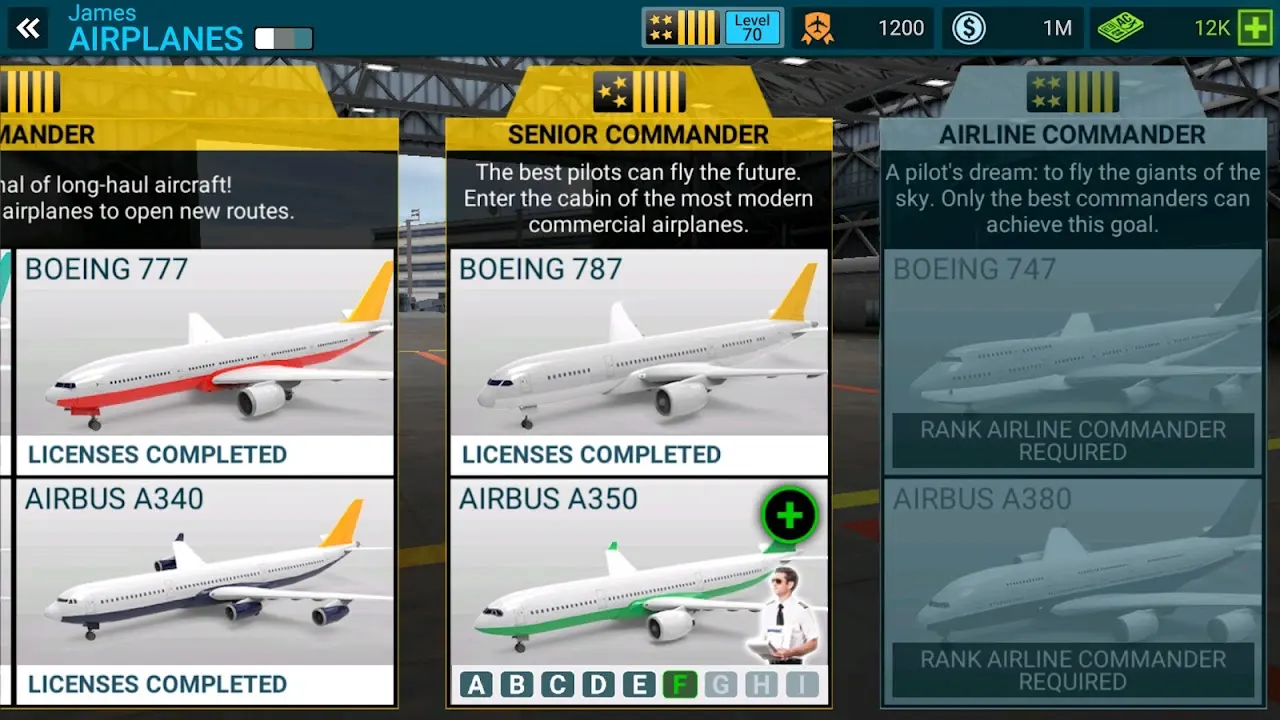 Screenshot reale dell'hangar di Airline Commander con Boeing 777, Boeing 787, Boeing 747, Airbus A340, A350 e A380